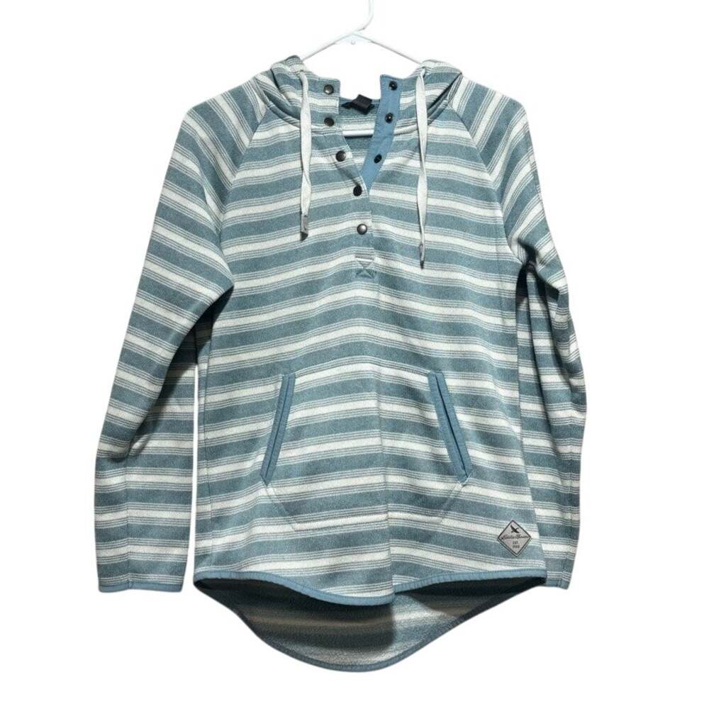 Eddie Bauer Blue White Stripe Hooded Pullover Sweatshirt Size Small Snap Pocket